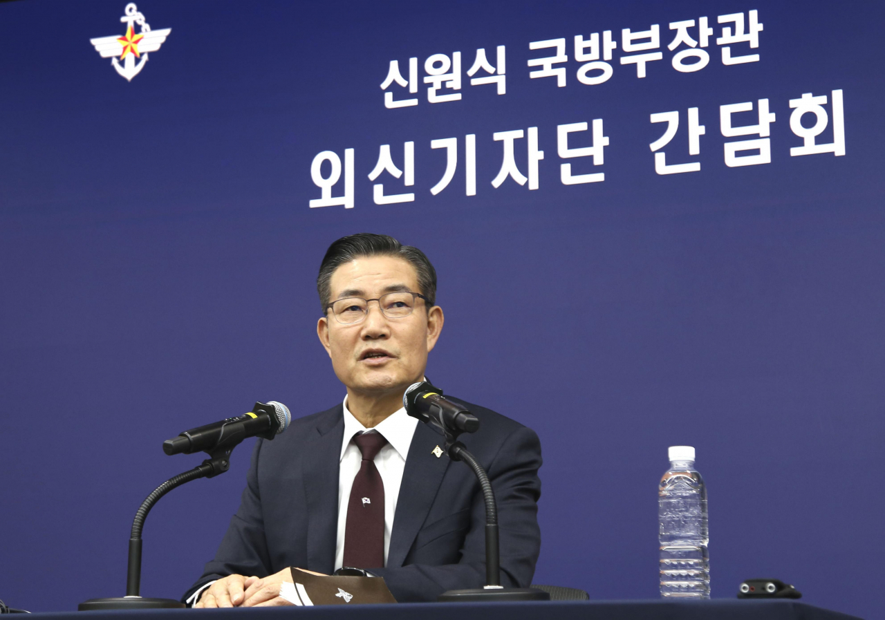 South Korea's Defense Minister Shin Won-sik talks during a press conference held on Monday at the Press Center in Seoul. (Yonhap)