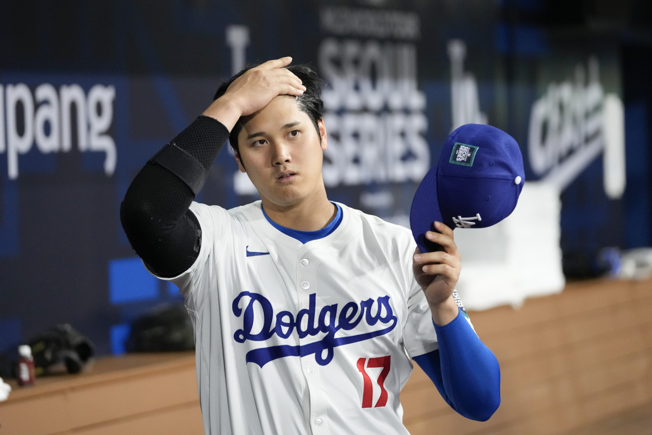 Shohei Ohtani of the Los Angeles Dodgers prepares for an exhibition game against Team Korea at the Gocheok Sky Dome in Seoul on Monday. (AP-Yonhap)