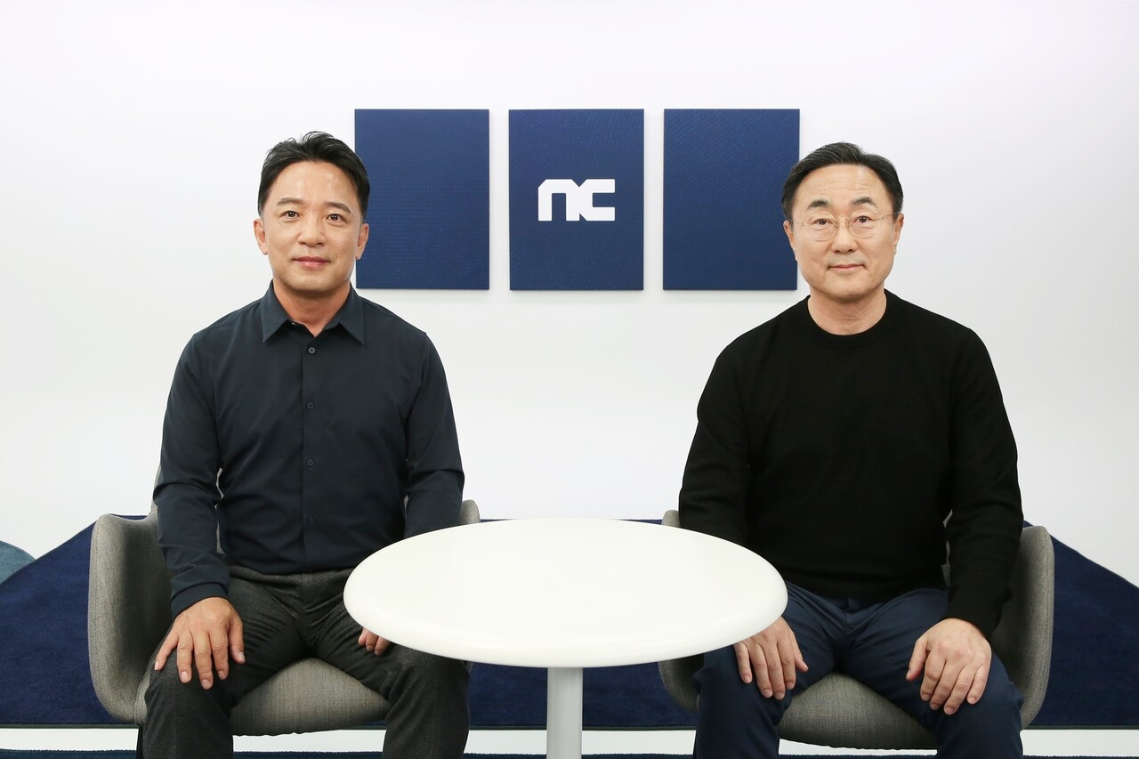 NCSoft founder and CEO Kim Taek-jin (left) and co-CEO designate Park Byung-moo attend an online media conference on Wednesday. (NCSoft)