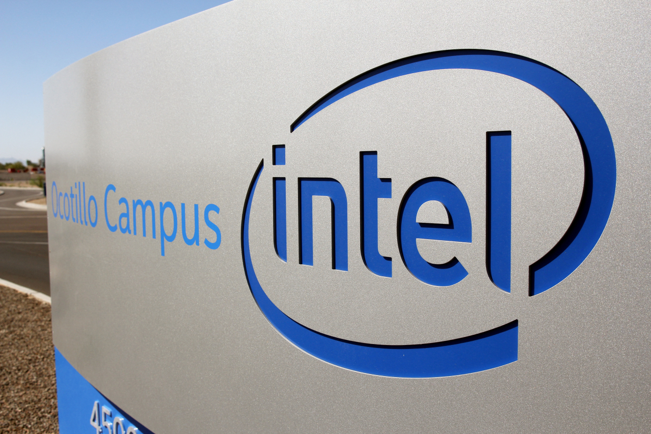 The logo for the Intel Corporation is seen on a sign outside the Fab 42 microprocessor manufacturing site in Chandler, Arizona, US. (Reuters)