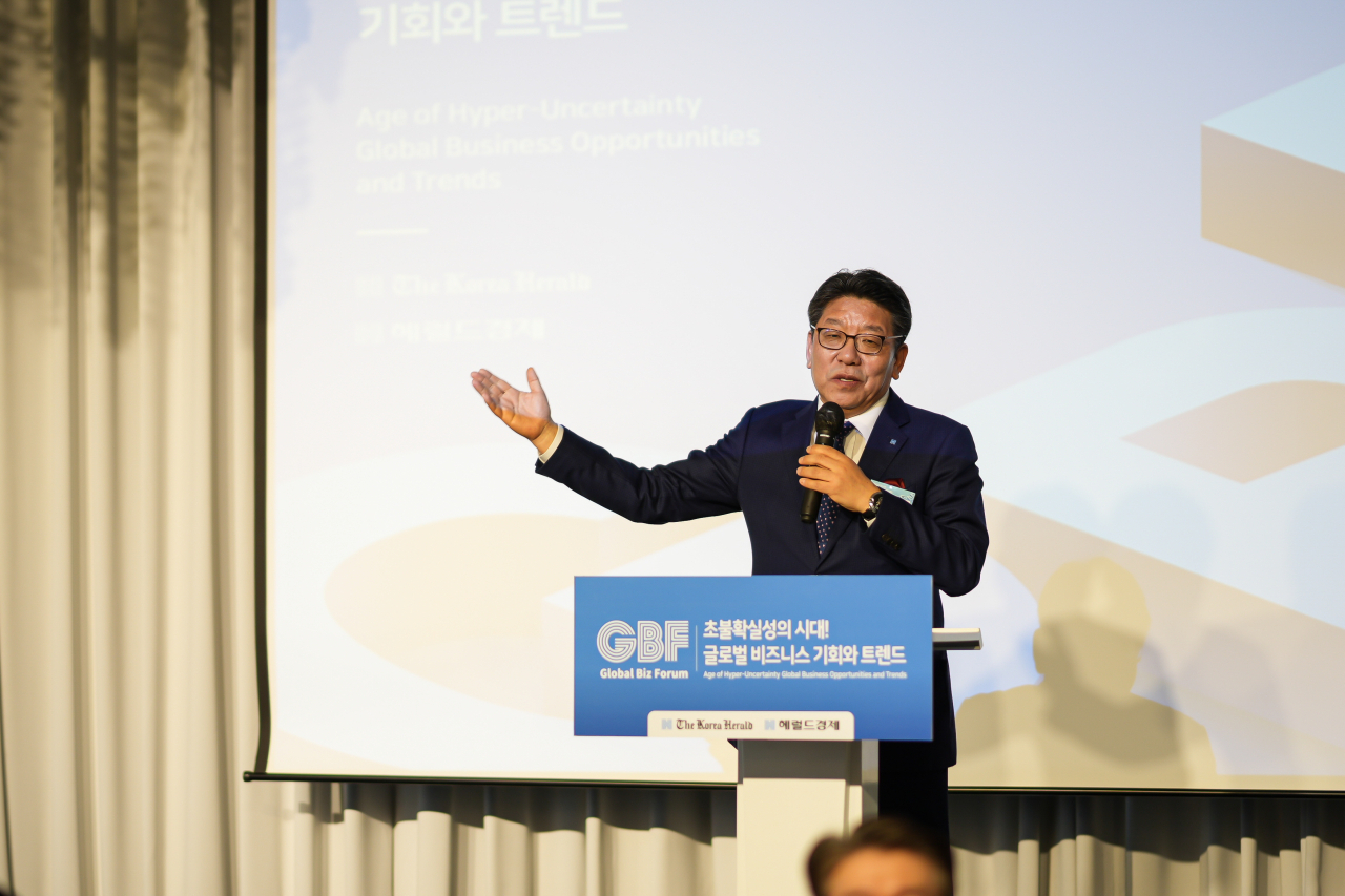 The Korea Herald CEO Choi Jin-young speaks at the opening ceremony for the Global Biz Forum 2024, in Seoul, Wednesday. (The Korea Herald)