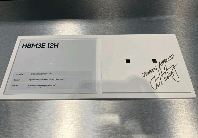 Nvidia CEO Jensen Huang’s written signature includes the phrase “Jensen approved,” next to Samsung’s 12-stack HBM3E prototype displayed at the Samsung Electronics showroom at the GTC 2024 technology conference in San Jose, California. (Captured from Samsung Electronics Executive Vice President Han Jin-man's social media)