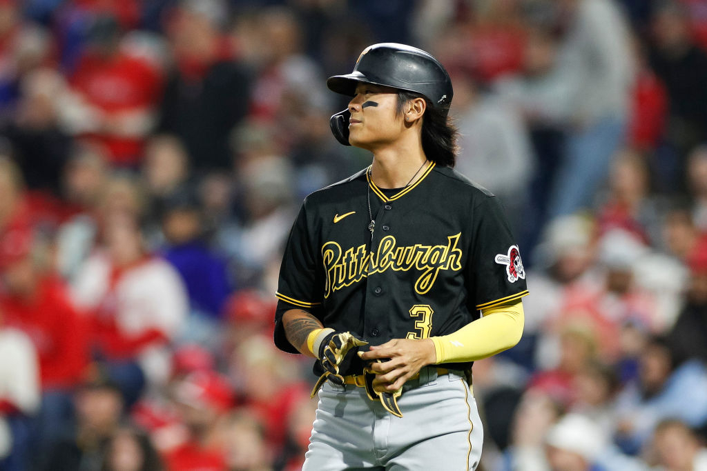 Pittsburgh Pirates Bae Ji-hwan reacts after a strike out in the third inning during a regular season game between the Pittsburgh Pirates and Philadelphia Phillies on September 26, 2023, at Citizens Bank Park in Philadelphia, PA. (Gettyimages)