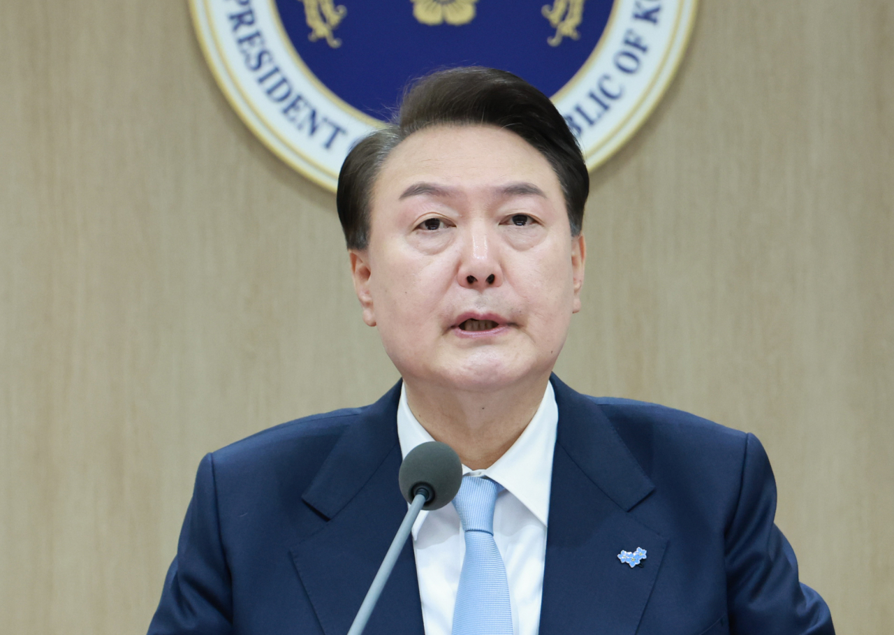 President Yoon Suk Yeol speaks at the Cabinet meeting in Seoul on Friday. (Yonhap)
