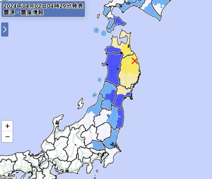This map shows the area in Japan where a major earthquake was reported on Tuesday. (Japan Meteorological Agency)