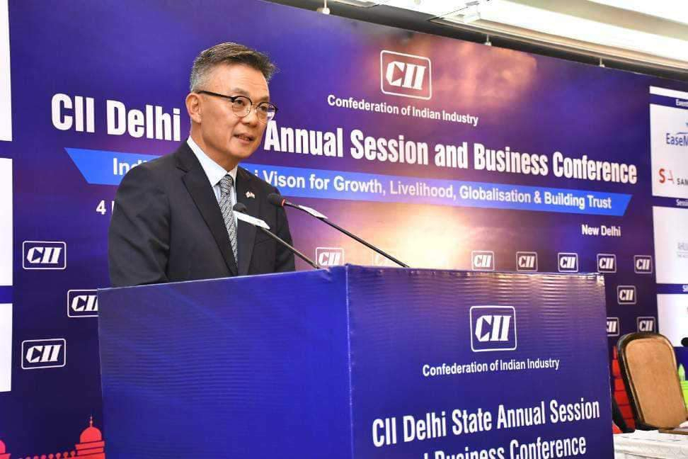 South Korean Ambassador to India Chang Jae-bok delivers congratulatory remarks at the CII Delhi's Annual Session and Business Conference, marking the release of the publication 