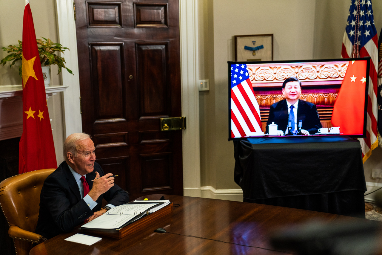 US President Joe Biden speaks with the President of the Peoples Republic of China Xi Jinping virtually in the Roosevelt Room at the White House on November 15, 2021. (Getty Images)