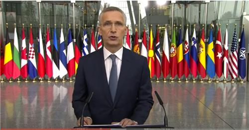 NATO Secretary General Jens Stoltenberg speaks ahead of a NATO foreign ministerial meeting held at the NATO headquarters in Brussels on April 3, 2024, in this image captured from YouTube. (PHOTO NOT FOR SALE) (Yonhap)