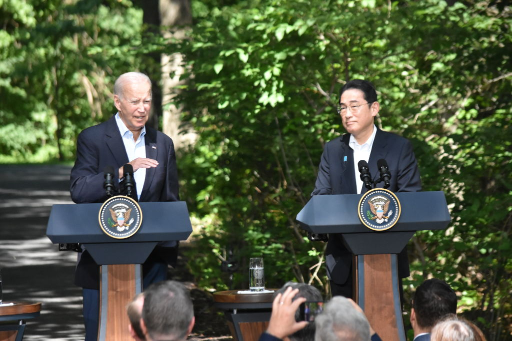 US president Joe Biden (left) holds a trilateral news conference with President Yoon Suk Yeol (not seen) and Japanese Prime Minister Fumio Kishida (right) at Camp David on August 18, 2023. (Gettyimages)