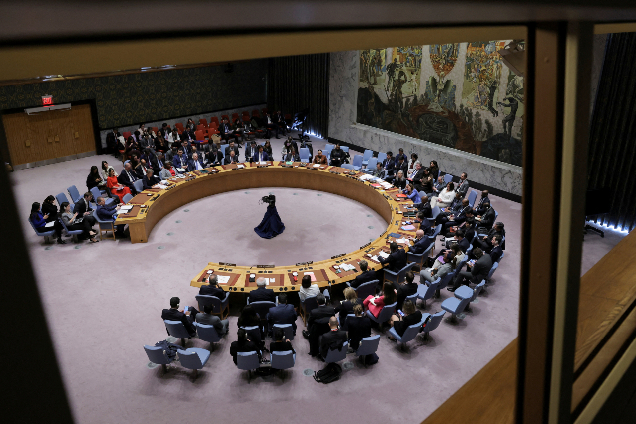 Members of the United Nations Security Council meet on the day of a vote on a Gaza resolution that demanded an immediate cease-fire for the month of Ramadan leading to a permanent cease-fire and the immediate and unconditional release of all hostages, at UN headquarters in New York on March 25. (Reuters)