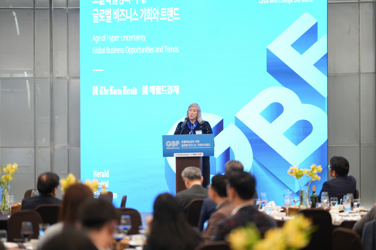 New Zealand Ambassador to Korea Dawn Bennet speaks at The Korea Herald’s Global Business Forum at the Floating Island Convention Center in Seoul on Wednesday. (The Korea Herald)