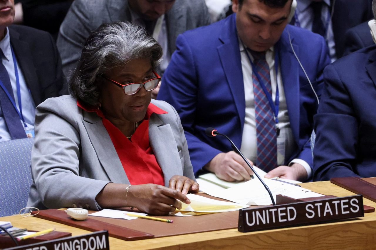US Representative to the United Nations Linda Thomas-Greenfield addresses the Security Council on the day of a vote on a Gaza resolution at UN headquarters in New York on March 25. (Reuters)