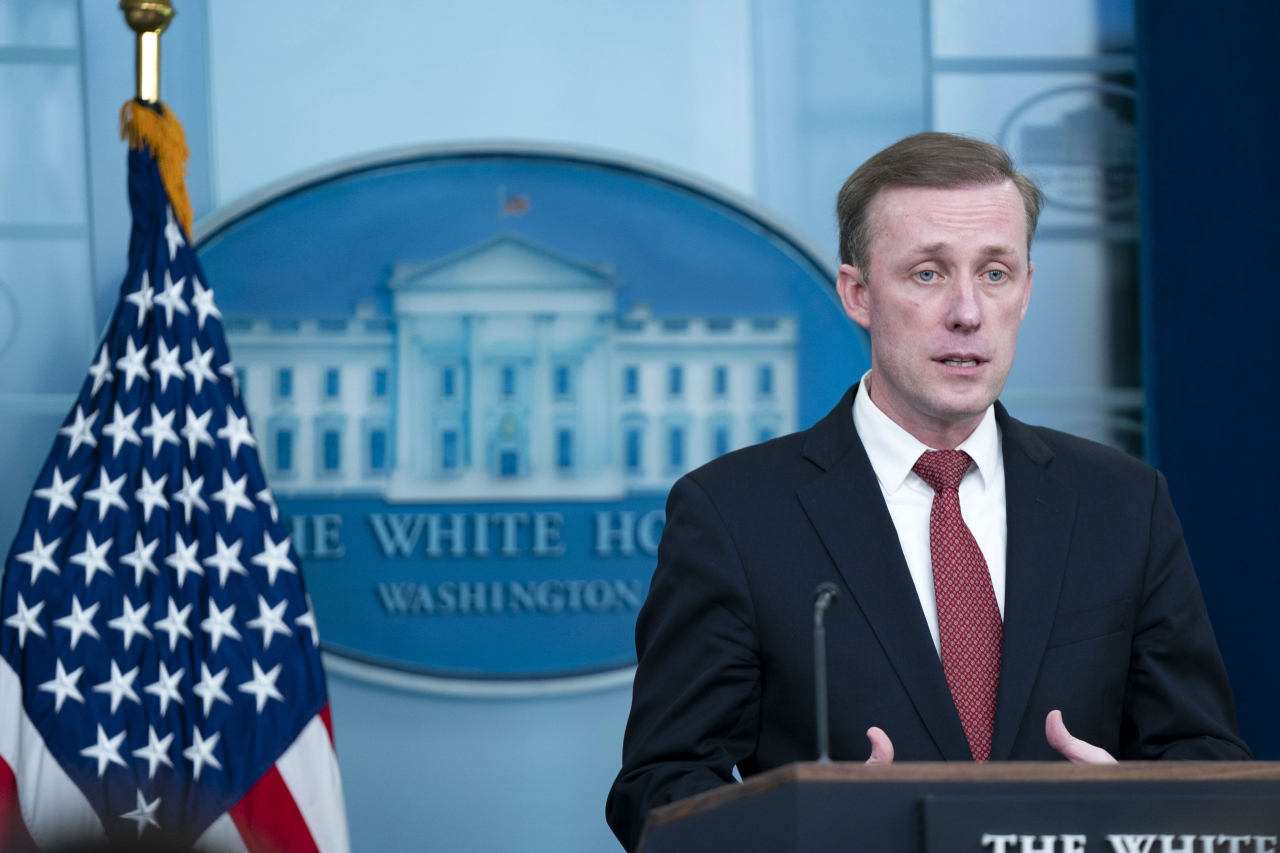 US National Security Advisor Jake Sullivan speaks during the daily press briefing at the White House in Washington on Tuesday. (Reuters-Yonhap)