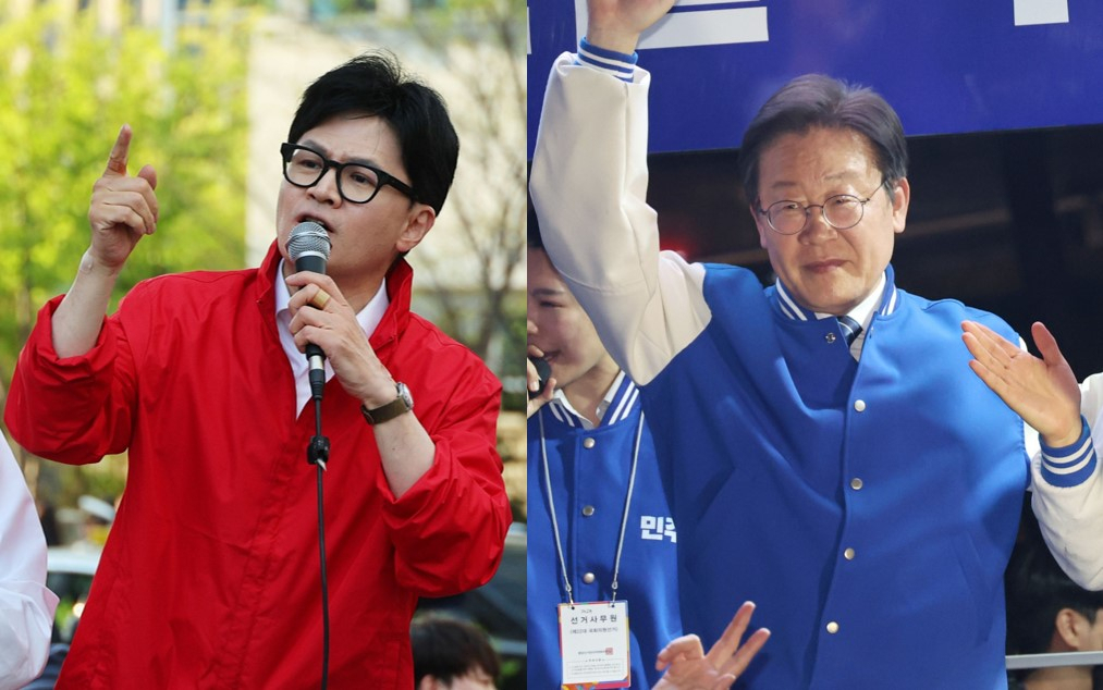 People Power Party candidate Han Dong-hoon (left), Democratic Party leader Lee Jae-myung (Yonhap)