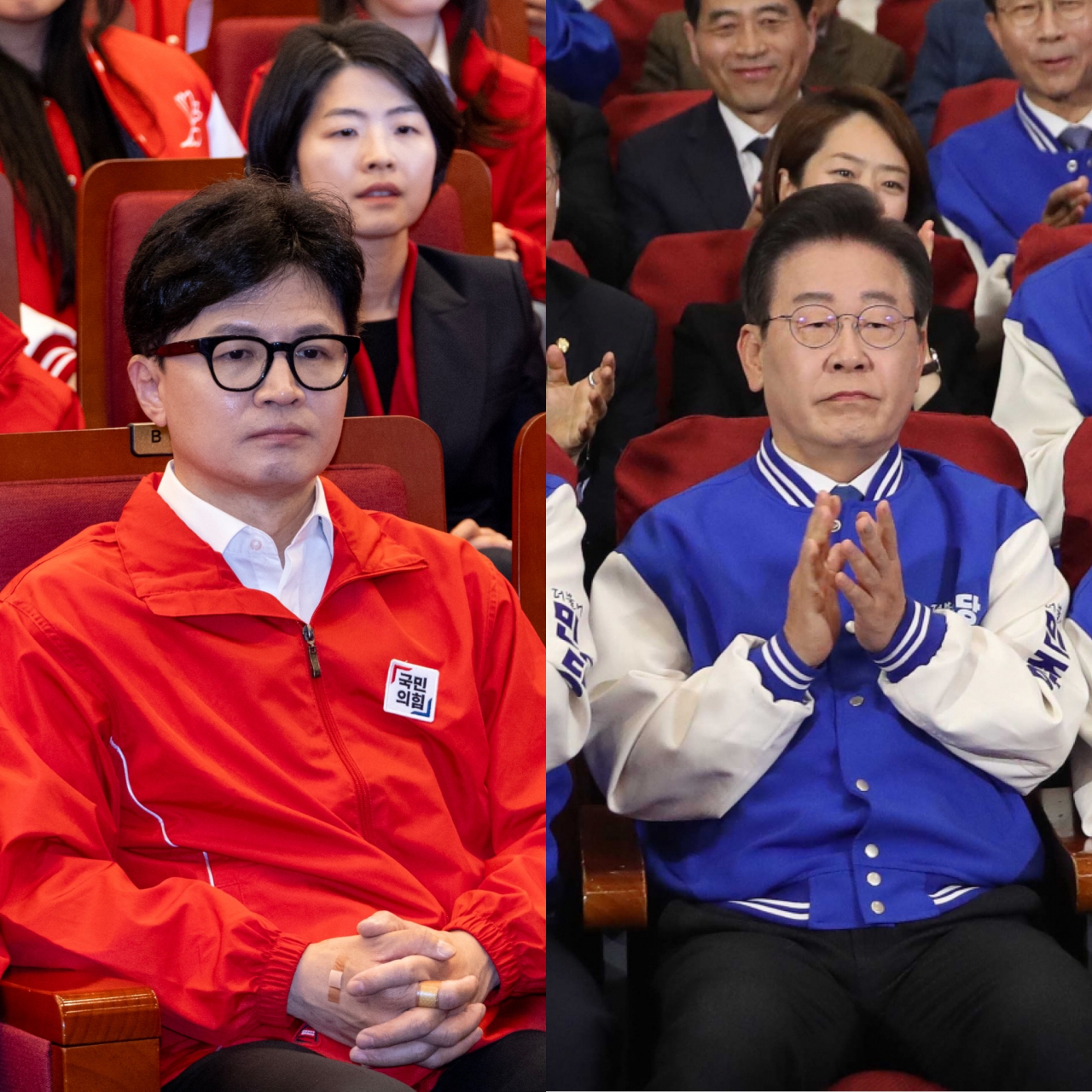 This combined photo shows officials of the main opposition Democratic Party (L), including it leader Lee Jae-myung, clap at the National Assembly in Seoul on Wednesday. In contrast, officials of the ruling People Power Party, including its interim leader Han Dong-hoon, look gloomy at the National Assembly in Seoul on Wednesday. (Yonhap)