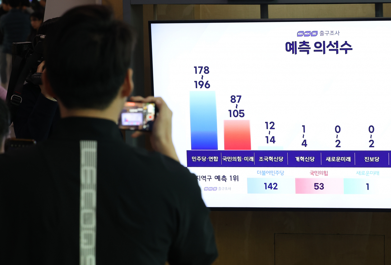 A man records as TV exit polls of the general election to choose the 300 lawmakers of the National Assembly are released, in Seoul, Wednesday. (Yonhap)
