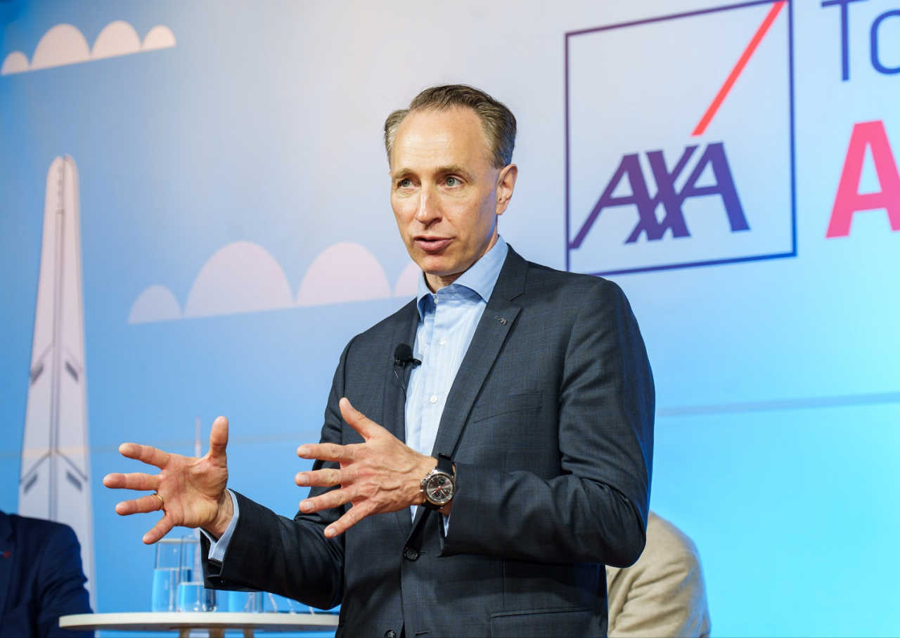 AXA CEO Thomas Buberl speaks during a meeting with the employees held at the AXA Korea office in Yongsan-gu, Seoul, on Tuesday. (AXA Korea)