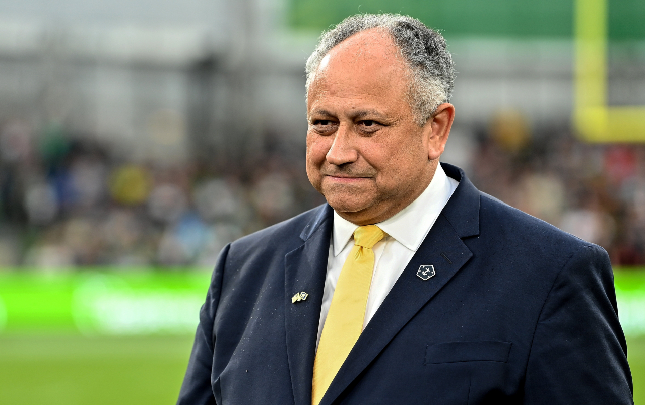 This picture shows US Secretary of the Navy Carlos Del Toro duing the Aer Lingus College Football Classic match between Notre Dame and Navy Midshipmen at the Aviva Stadium in Dublin on August 26, 2023. (GettyImages)