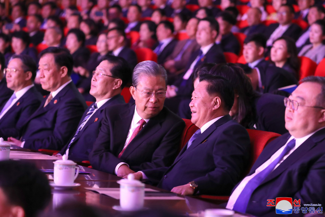 China's top legislator, Zhao Leji, and Choe Ryong-hae, chairman of the Standing Committee of the Supreme People's Assembly, attend the ceremony of the 75th anniversary of diplomatic ties between China and the North, held in Pyongyang on Friday. (KCNA)