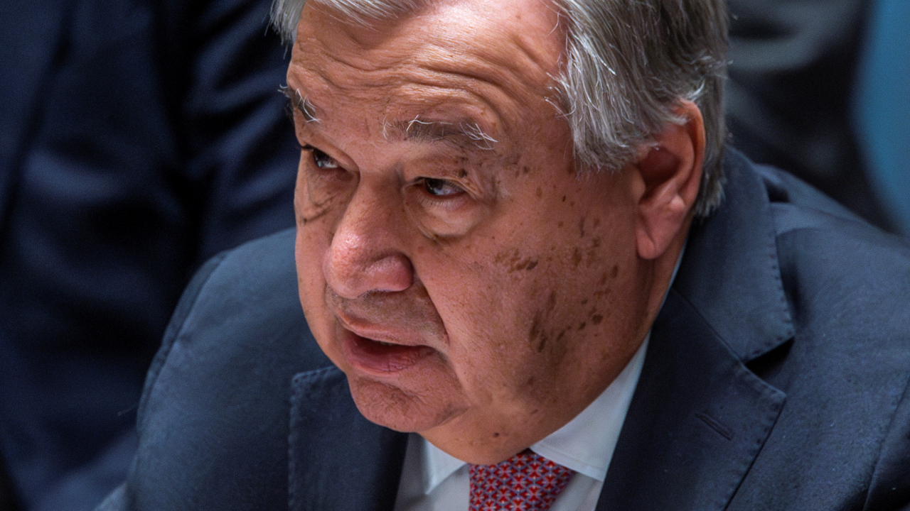 United Nations Secretary General Antonio Guterres speaks to members of Security Council as they attend a meeting on the situation in the Middle East at UN headquarters in New York City, New York, Sunday. (Reuters)