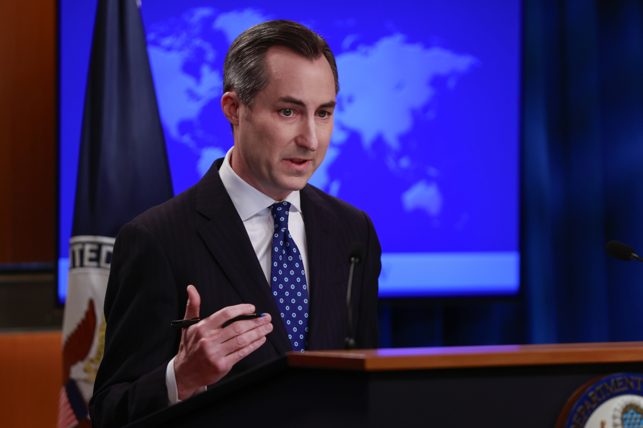 State Department spokesperson Matthew Miller speaks during a press briefing at the department in Washington on Feb. 27. (Getty Images)