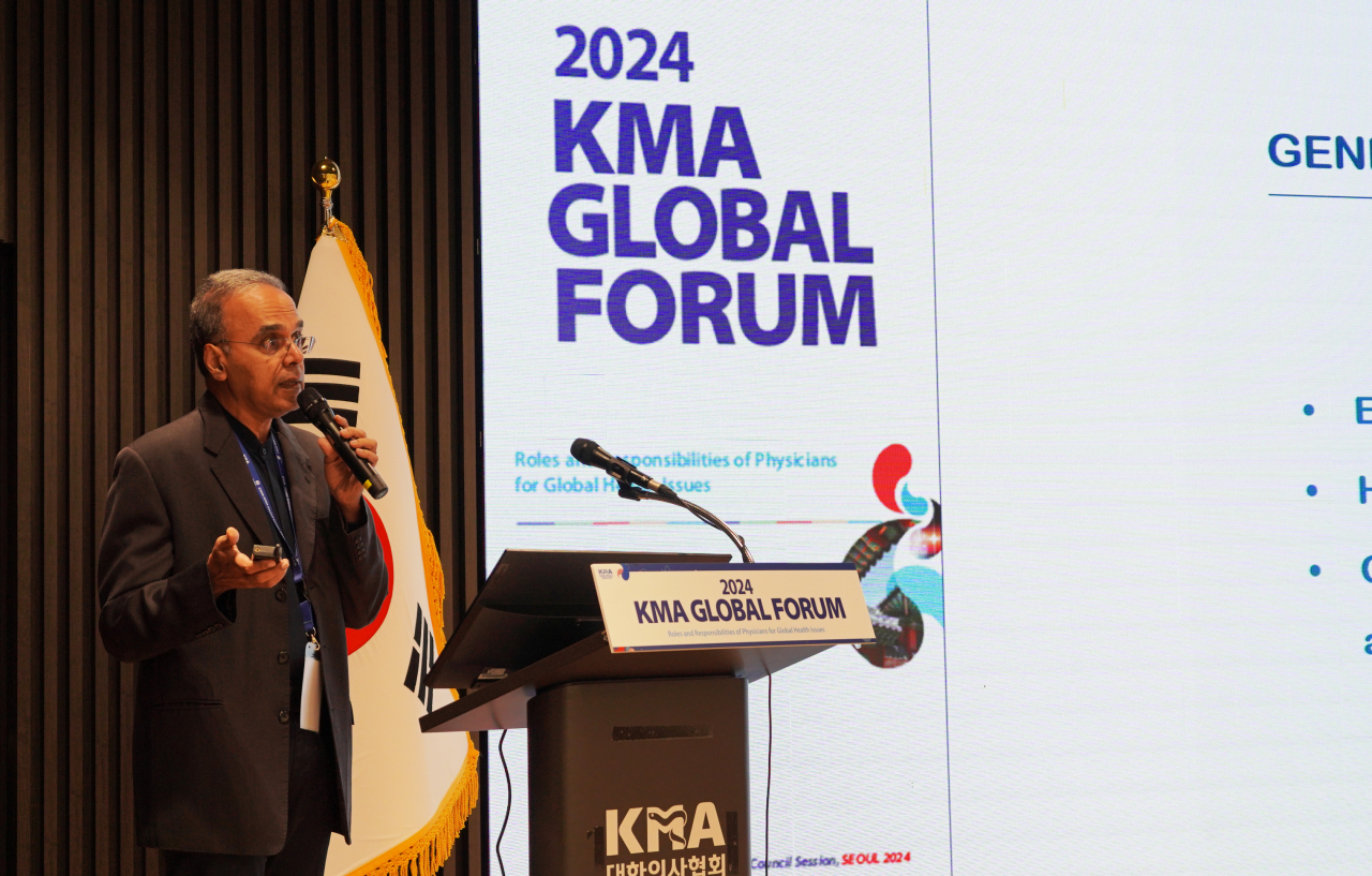 Ashok Philip, the president-elect of the World Medical Association, speaks during the 2024 KMA Global Forum held at the Korean Medical Association’s headquarters in Yongsan-gu, central Seoul, Tuesday. (Korean Medical Association)