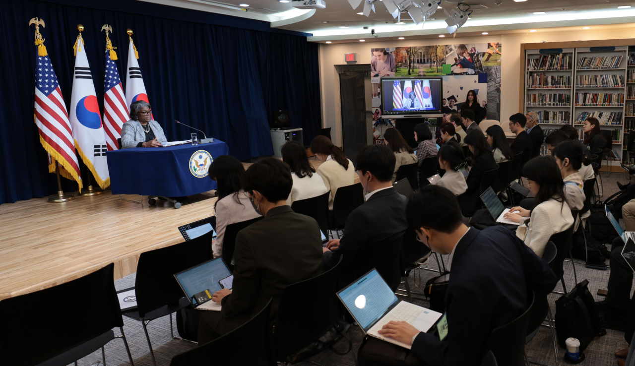 Linda Thomas-Greenfield, United States Ambassador to the United Nations, holds a news conference at the American Diplomacy House in Seoul on Wednesday, marking the conclusion of her four-day trip to South Korea. (Yonhap)