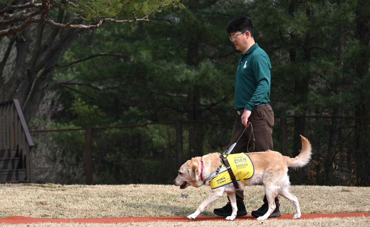 Park Tae-jin walks a 6-year-old trained dog named Genie at Samsung Guide Dog School in Yongin, Gyeonggi Province, March 27. (Im Se-jun/ The Korea Herald)