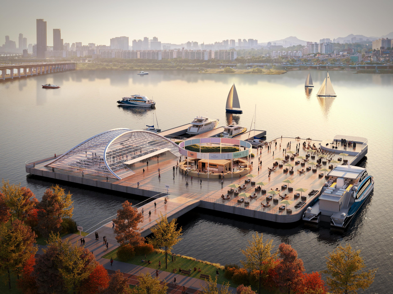 A projected image of the “floating food zone” on the Han River, scheduled to begin construction in 2026 (Seoul Metropolitan Government)