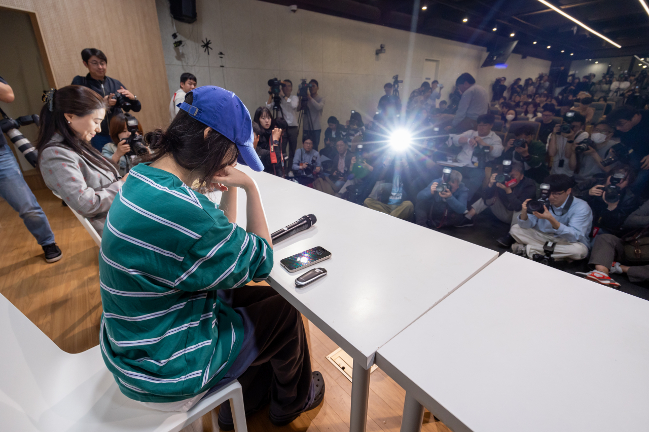 Ador CEO Min Hee-jin holds a press conference in Seocho-gu, Seoul, Thursday. (Yonhap)