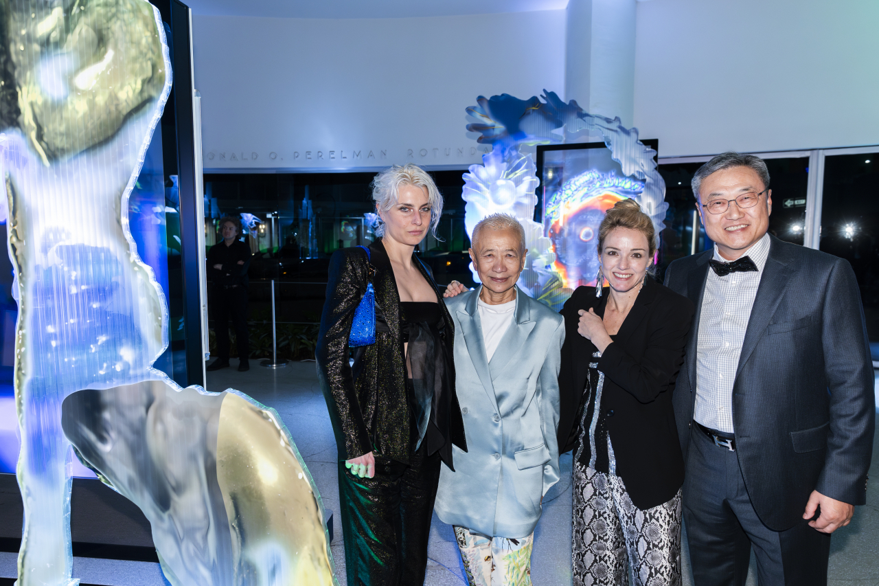 From left: Rachel Rossin, Shu Lea Cheang, Noam Segal and Chris Jung, CEO of LG Electronics North America, pose for a photo at YCC Party on April 2 at the Guggenheim Museum in New York. (Courtesy of Guggenheim, LG)
