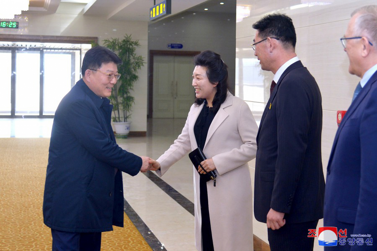 North Korea's External Economic Relations Minister Yun Jong-ho (left) is greeted by officials after arriving in Pyongyang from a trip to Russia on April 2, 2024. (KCNA)