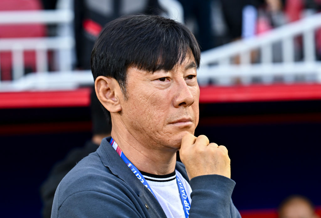 Shin Tae-yong, the head coach of Indonesia, is reacting during the AFC U23 Asian Cup Qatar 2024 Semi-Final match between Indonesia and Uzbekistan at Abdullah Bin Khalifa Stadium in Doha, Qatar, on April 29, 2024. (Gettyimages)