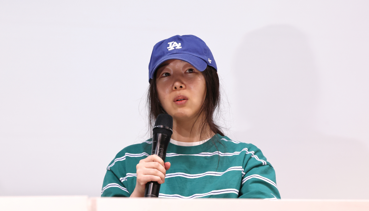 Ador CEO Min Hee-jin speaks during a press conference held in Seocho-gu, Seoul, April 25. (Yonhap)