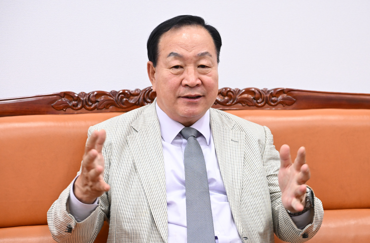 Rep. Han Ki-ho speaks to The Korea Herald during an interview held at the office of the National Assembly national defense committee chair in Yeouido, central Seoul, on May 14. (Lee Sang-sub/The Korea Herald)