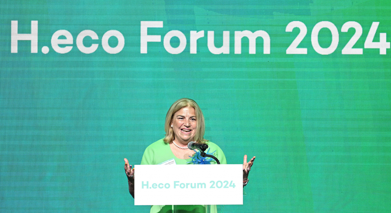 European Union Ambassador to South Korea Maria Castillo Fernandez delivers a special speech at the H.eco Forum 2024, held at Some Sevit, Seoul, on Wednesday. (Lee Sang-sub/The Korea Herald)