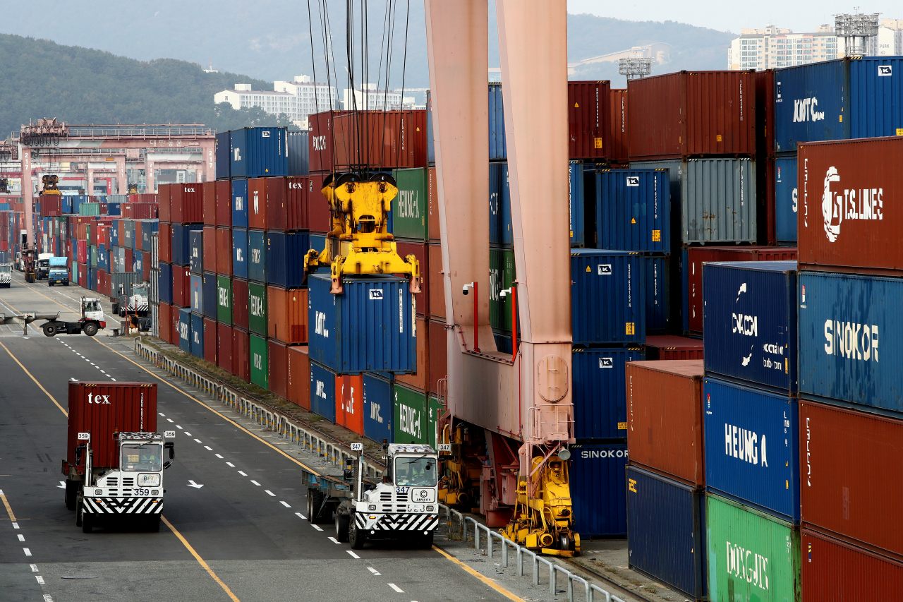 Shipping containers stacked in the container terminal at Busan Port in Busan, South Korea. (Getty Images)