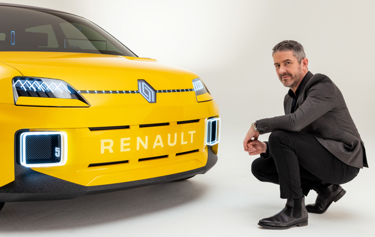 Gilles Vidal, vice president of design at Renault Group, poses beside the Renault 5 E-Tech, a compact electric vehicle that debuted as a concept car in 2021 and was officially unveiled at the Geneva International Motor Show in February this year. (Renault Korea)