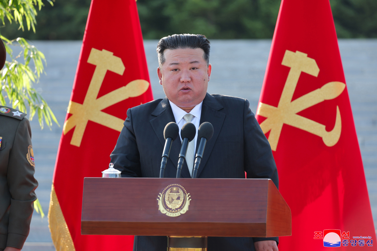 North Korean leader Kim Jong-un speaks duing the 60th founding anniversary of the Academy of Defence Sciences on Tuesday. (KCNA-Yonhap)
