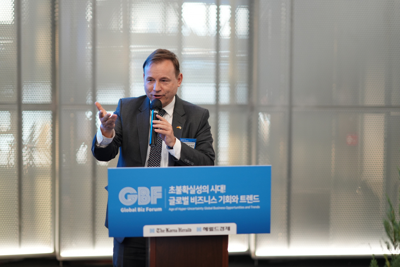 German Ambassador to Korea Georg Schmidt delivers his welcoming speech at The Korea Herald’s Global Business Forum. (The Korea Herald)