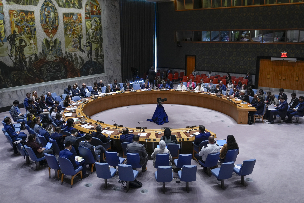 The UN Security Council holds a meeting on the situation in the Middle East and Palestine at the United Nations headquarters in New York on Wednesday. (AP)