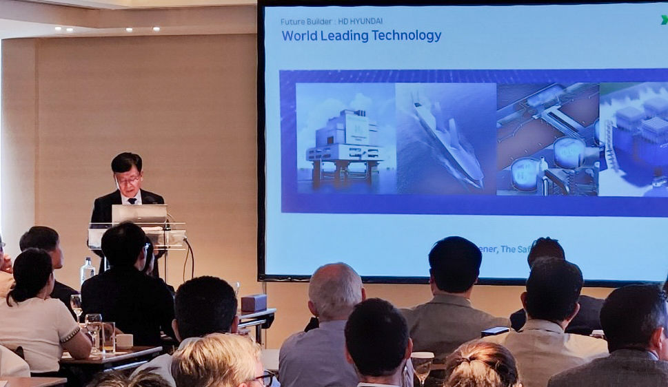 Park Seung-yong, president and chief operating officer of HD Hyundai Heavy Industries, presents new ammonia-fueled vessel technology at the Global Tech Forum in Athens, Greece, Friday. (HD Hyundai)
