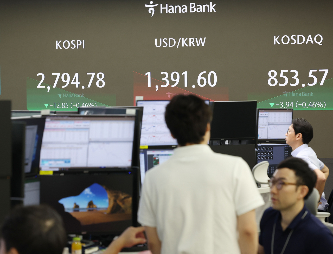 Dealers work in a dealing room of the Hana Bank headquarters in Seoul on Friday. (Yonhap)