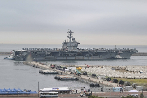 The nuclear-powered aircraft carrier USS Theodore Roosevelt arrives at a naval base in the southeastern port city of Busan on Saturday. (Navy)