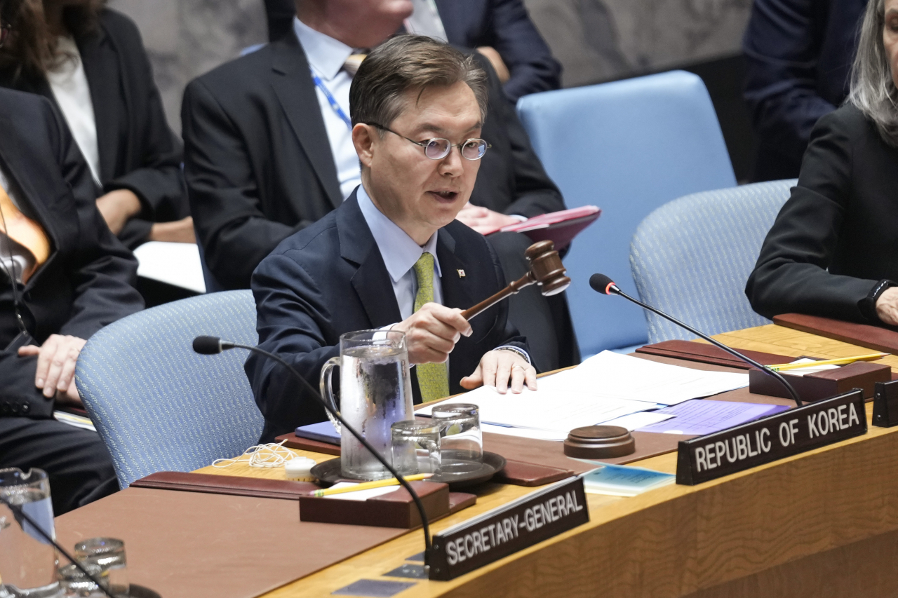 South Korean ambassador to the United Nations and current president of the Security Council Joonkook Hwang speaks during a Security Council meeting at United Nations headquarters, Friday. (AP Photo)