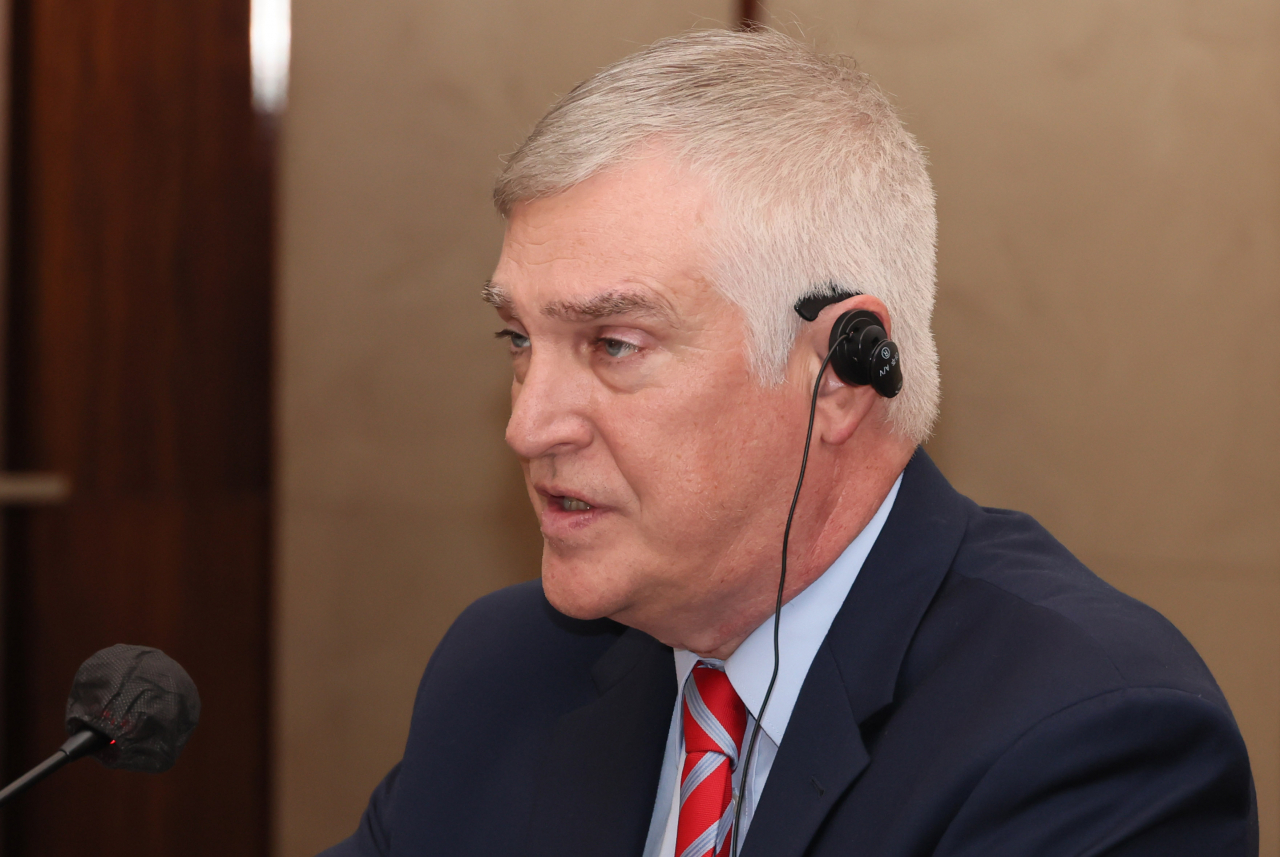 Fred Fleitz, vice chair of the America First Policy Institute, speaks during a media roundtable at a hotel in central Seoul on Tuesday. (Yonhap)