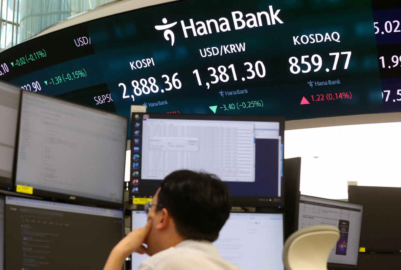 An electronic board showing the Korea Composite Stock Price Index at a dealing room of the Hana Bank headquarters in Seoul on Thursday. (Yonhap)