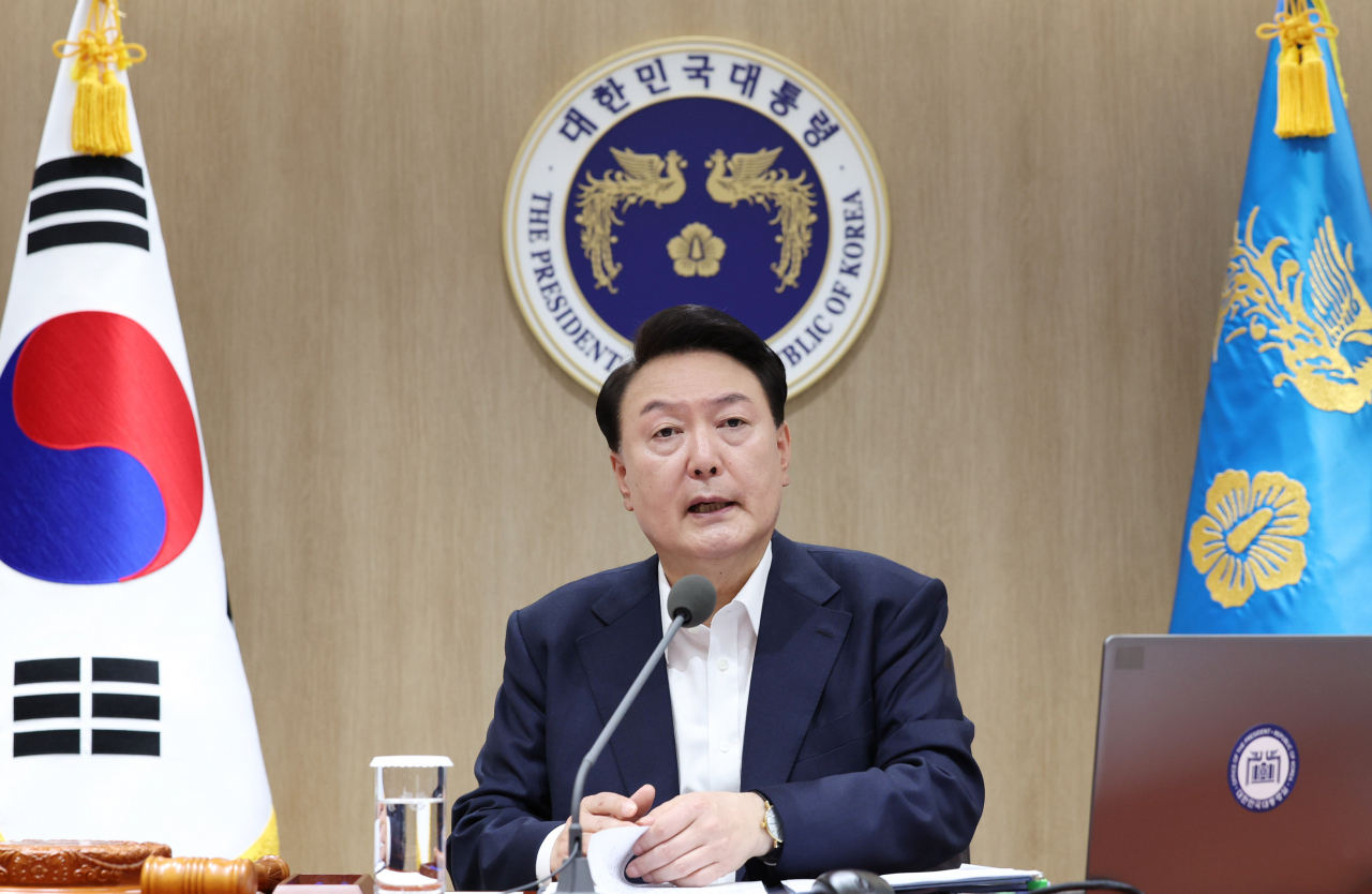 President Yoon Suk Yeol speaks during a Cabinet meeting at the presidential office in Seoul on Tuesday. (Yonhap)