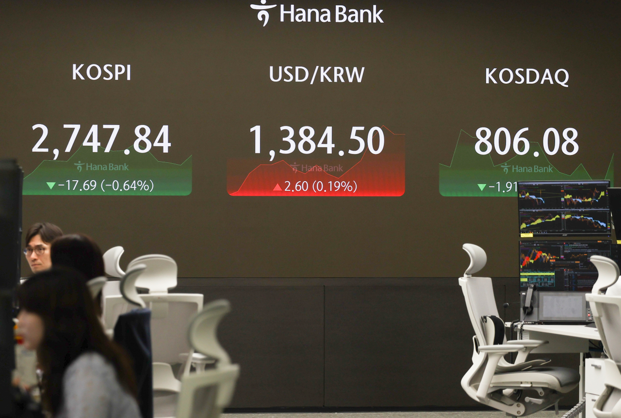 An electronic board showing the Korea Composite Stock Price Index at a dealing room of the Hana Bank headquarters in Seoul on Tuesday. (Yonhap)