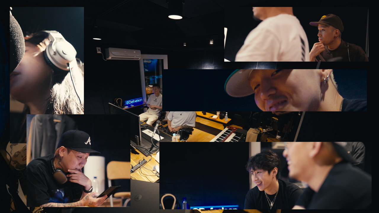 A collage of some of the artists Yungin worked with for the album: Katie (top-left), Justhis (bottom-left), Loopy (top-right), BM (middle-right), and Jay Park (bottom-right). (Hugh Hong/The Korea Herald)